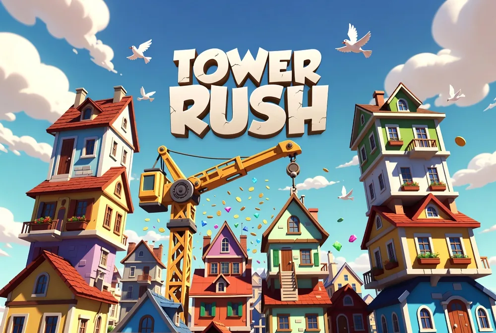 Tower Rush casino scene with a crane over houses and a shower of gold coins