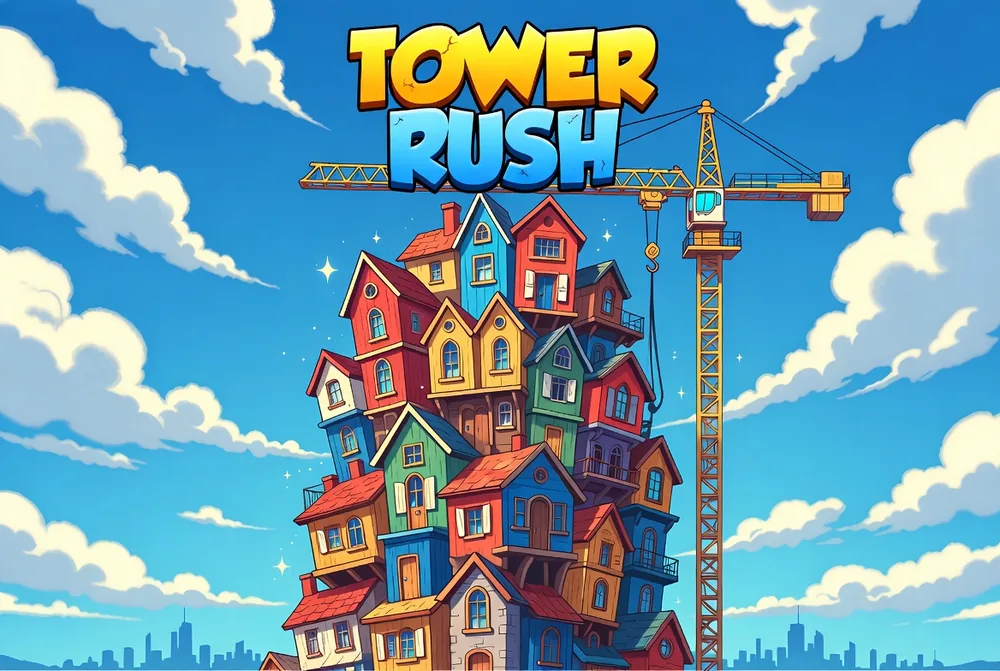Tower Rush demo tower of houses with a crane lifting one under a blue sky
