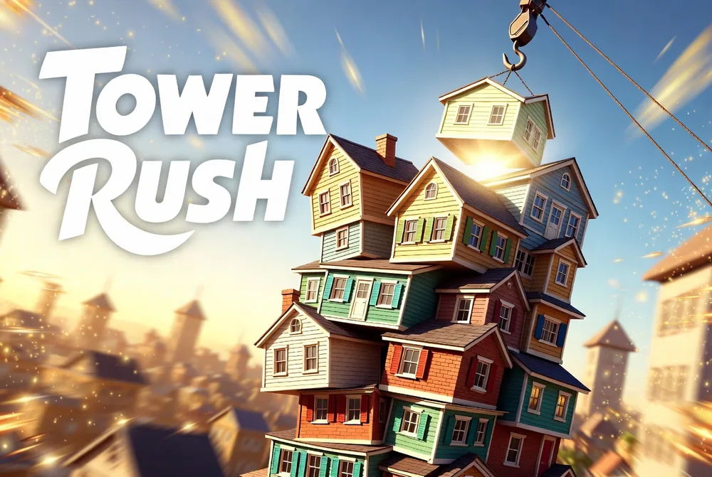 Tower Rush tower of houses lit by golden light with a crane lifting one aloft