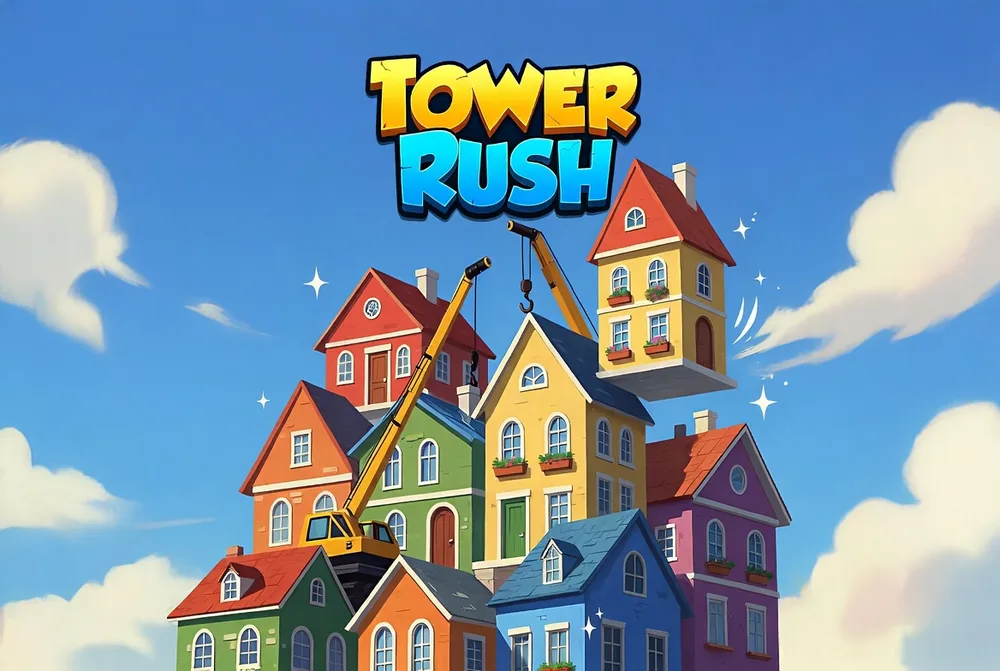 Tower Rush app scene of a crane dropping a house with coins and gems