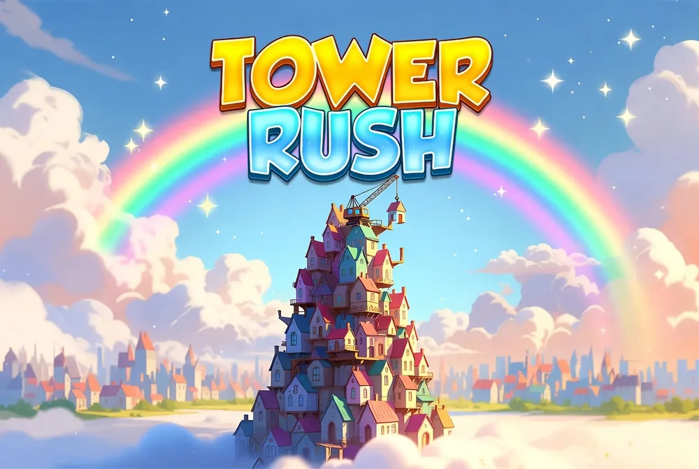 Tower Rush tower of houses under a bright rainbow representing bonus rewards
